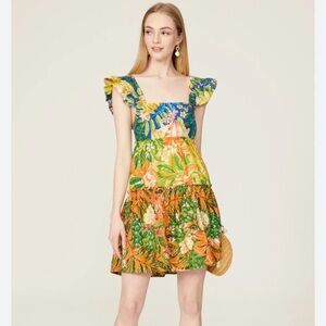 FARM Rio Blue Tropical Leaf & Yellow-Orange Floral Sundress
